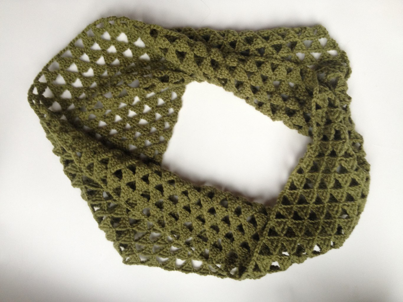 Triangle crocheted infinity scarf.