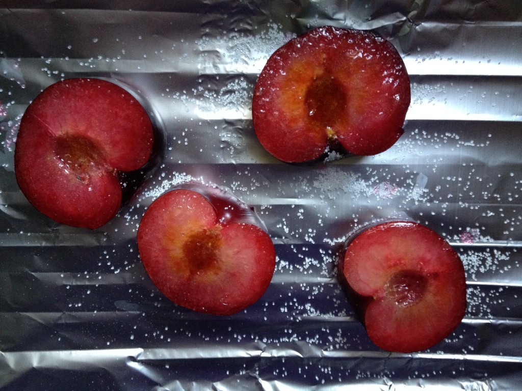 caramelising plums using blow torch 