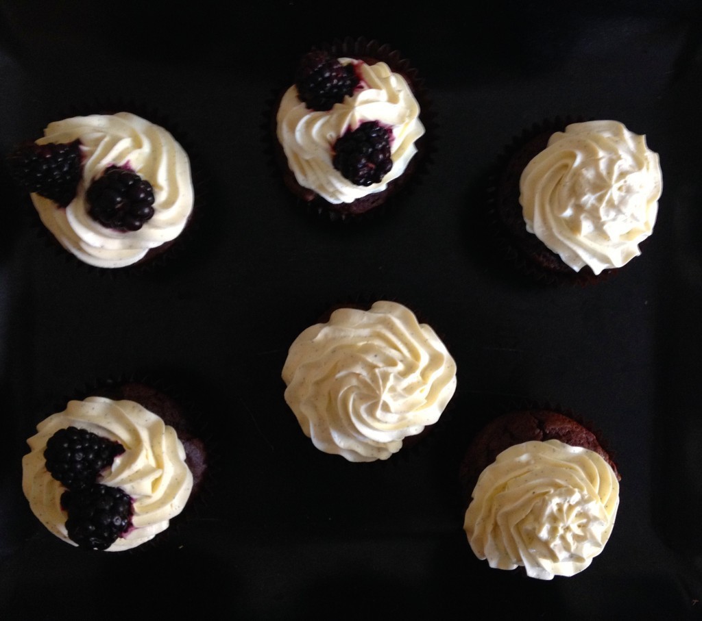 chocolate beer cupcakes with vanilla bean cream topping