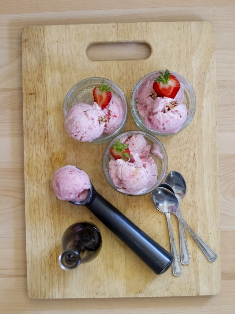 Super easy to make fresh strawberry ice-cream with aged balsamic vinegar if you dear! Only three ingredients needed..
