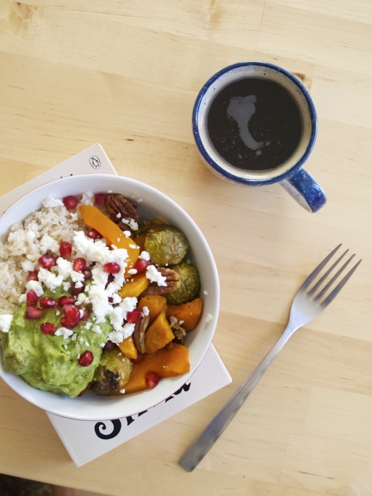 Roasted veggie, curried avocado and coconut rice bowls