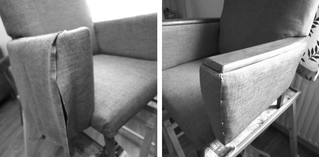 Upholstering the chair arms witht the top fabric